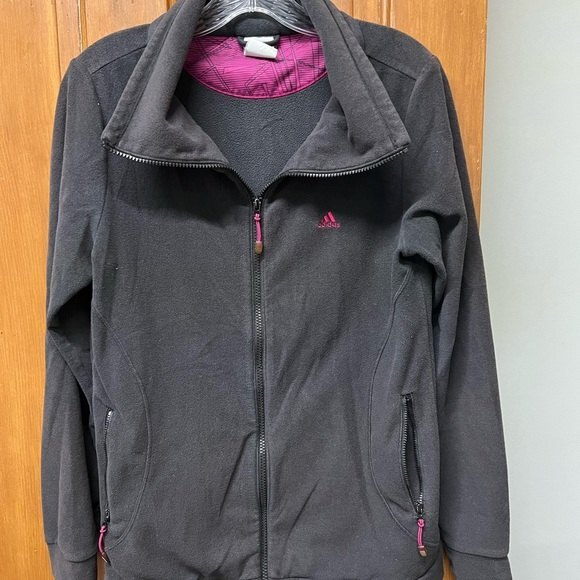 Adidas black zip up fleece dark pink accents and logo women’s medium - Picture 1 of 8